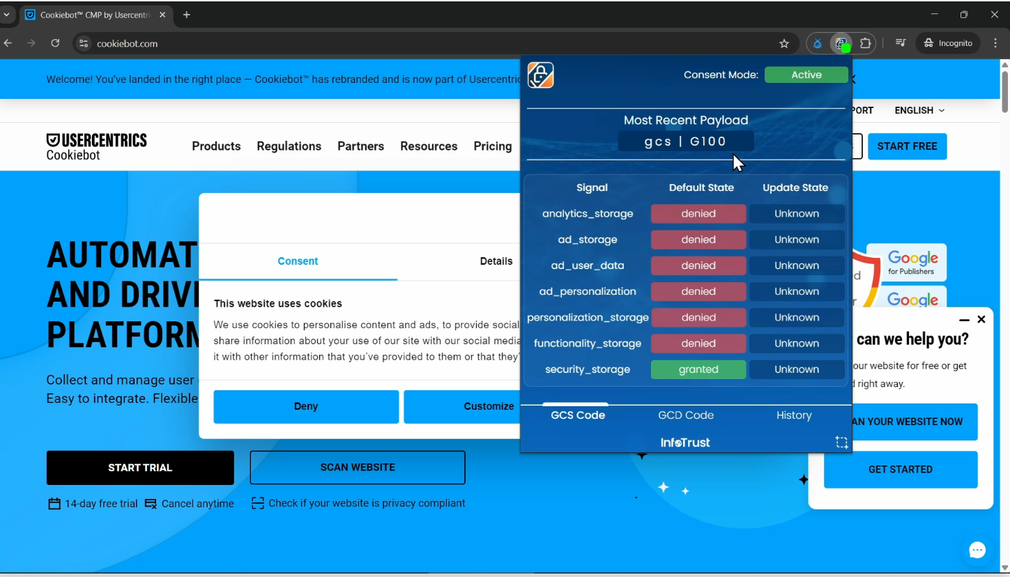 Consent Mode Inspector tool showing Google Consent Signal that is being passed from cookie selection on a website
