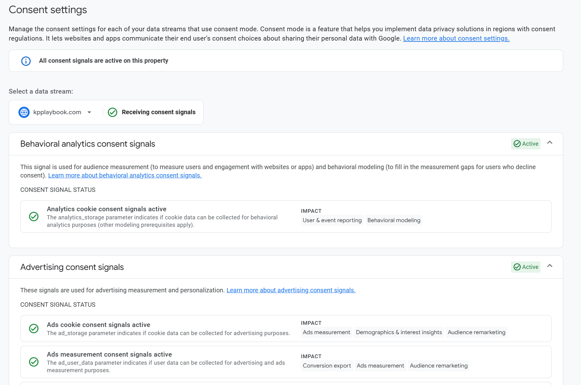Example of how Google Consent Signals looks in the GA4 Admin dashboard when turned on.