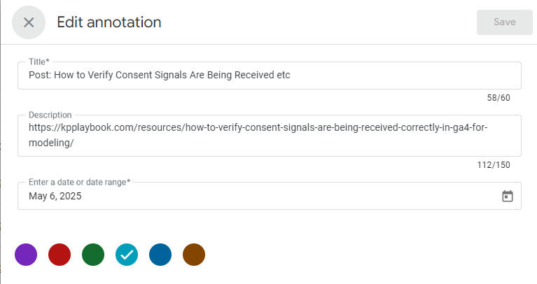 Example of GA4's annotation feature filled in with details and a description.