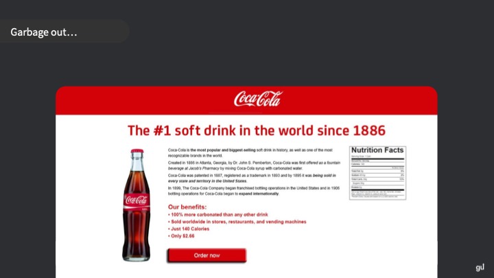 A mock Coca-Cola ad with the headline “#1 soft drink in the world since 1886,” an image of a Coke bottle, a nutrition label, and a red “Order now” button. A caption says “Garbage out…” indicating critique.