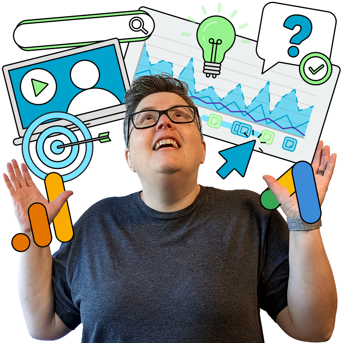 Dana DiTomaso standing under a bunch of digital marketing items.