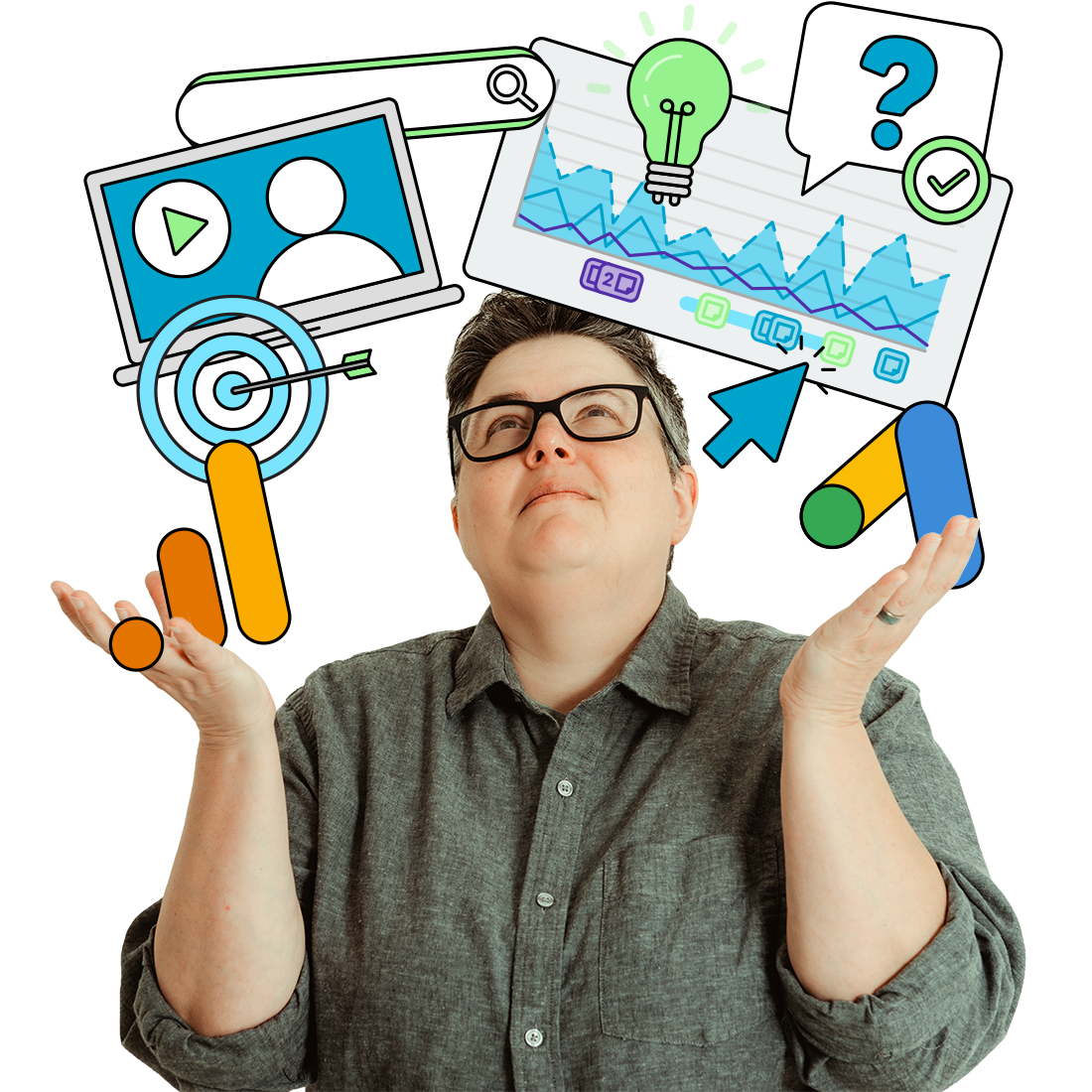 Dana DiTomaso staring up at a bunch of graphics representing analytics